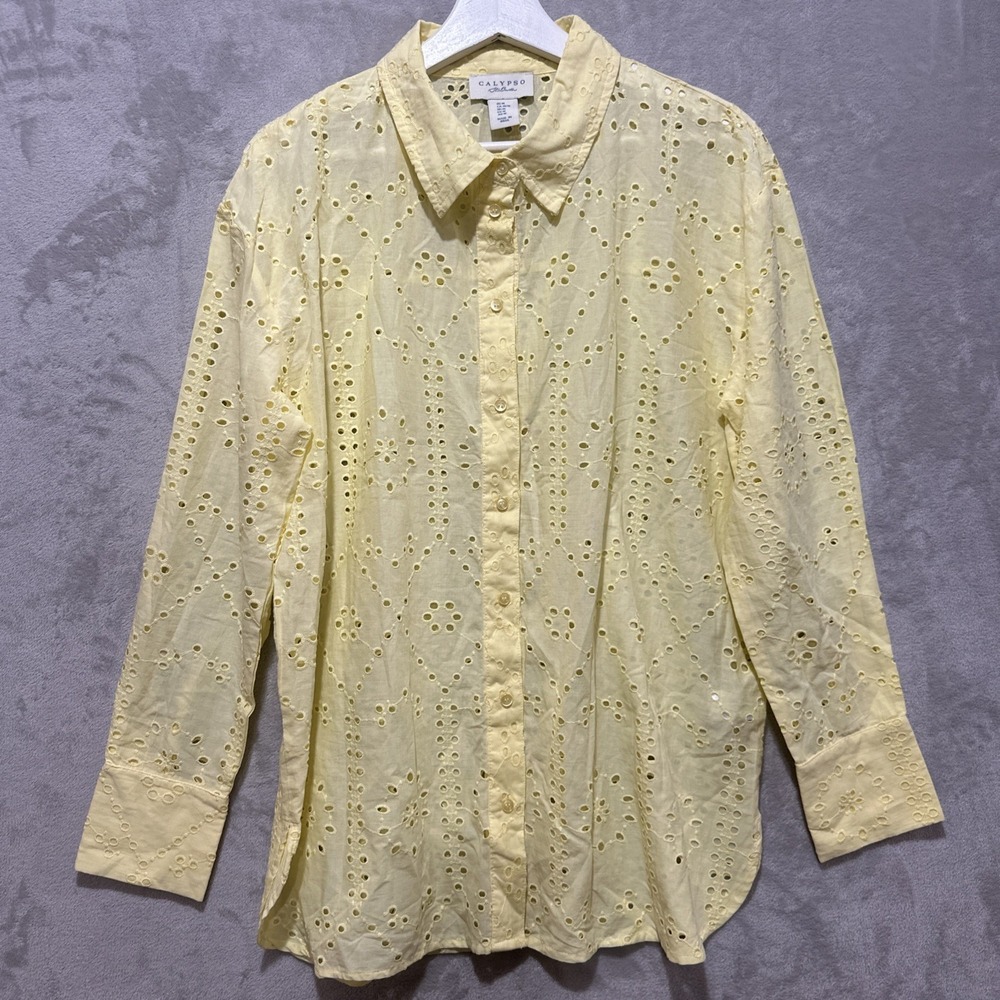 Calypso St. Barth Button Up Blouse Women's M Yellow Eyelet Embroidered Collared